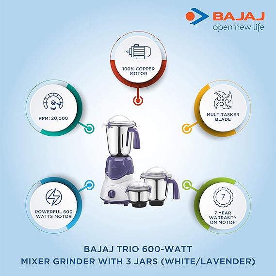Bajaj Trio 600W Mixer Grinder with 3 Jars (White/Lavender)