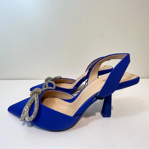 Zara - Crystal Bow Pointed Toe Satin Sling back Pump Blue Size-3UK