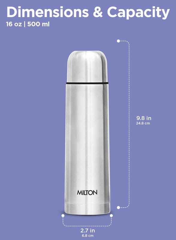 Milton Flip Lid 500 Thermosteel Water Bottle 500 ml, 24 Hr Hot and Cold I Leak Proof Lid with Jacket, ISI Certified I Vacuum Insulated I for Office, Gym, School I Silver