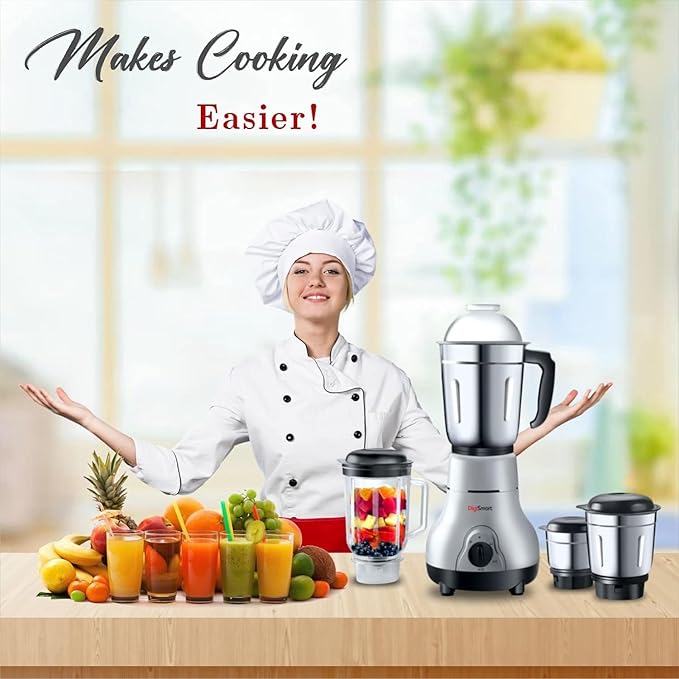 DigiSmart Kitchen Mate 750 Watt Powerful Motor Mixer Grinder for Chutney, Juice and Shake With 4 Jars, Fast Grinding Wet & Dry Ingridients, Stainless Blade - Grey and Black
