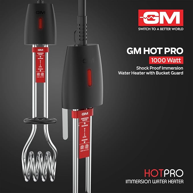 GM Immersion Rod Water Heater with Bucket Guard 1000W 6 AMP Plug Superior Copper Element Heat Resistant Handle Nickel Plated Prevents Corrosion Double ISI Certified 1.6M Cord