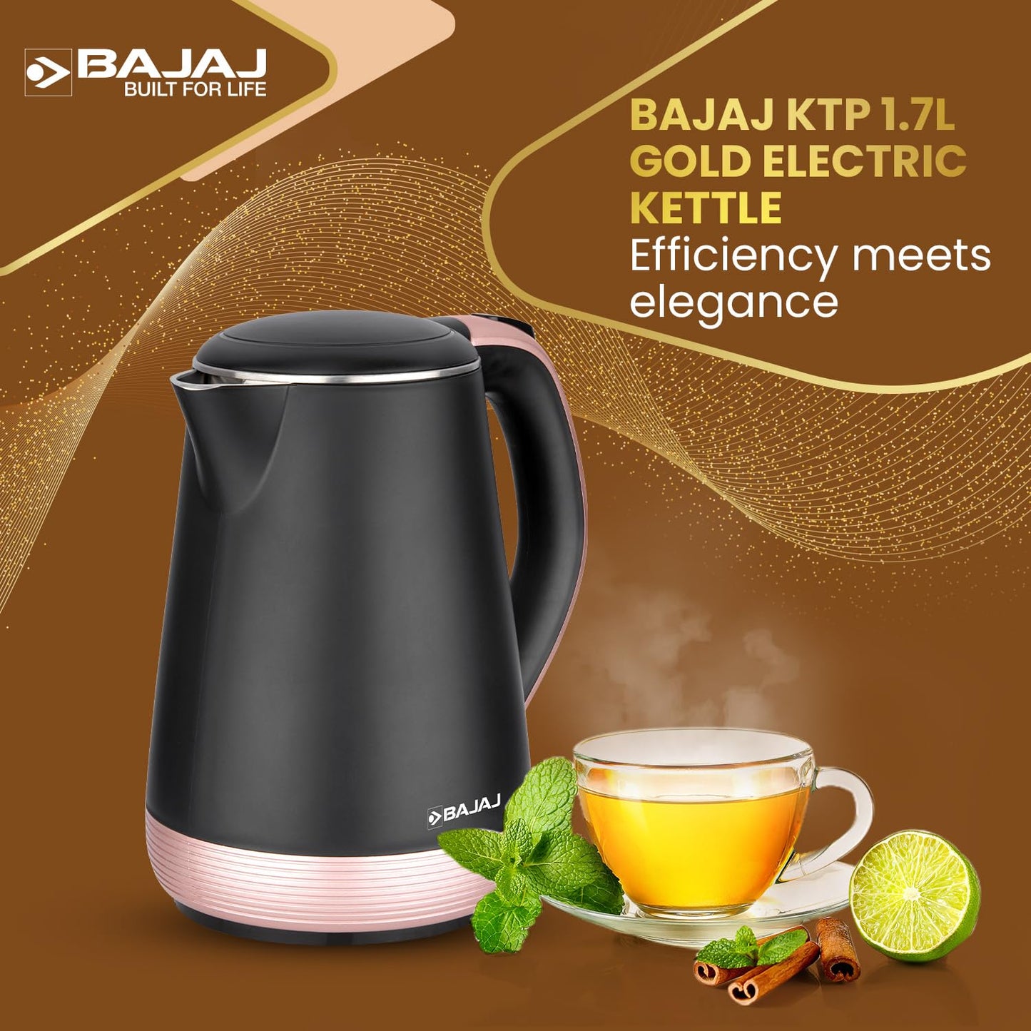 Bajaj KTP 1.7 Litre Electric Kettle | Concealed Element Stainless Steel 304 Food Grade Inner Body | Auto Shut-Off Dry Boil Mechanism