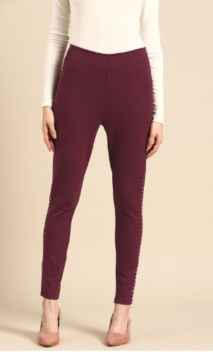 All about you Women Maroon Solid Metallic Studs Jeggings