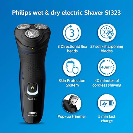 Philips Cordelss Electric Shaver S1323/45, 3D Pivot & Flex Heads, 27 Comfort Cut Blades, Fast Charge, Up to 40 Min of Shaving (Silver)