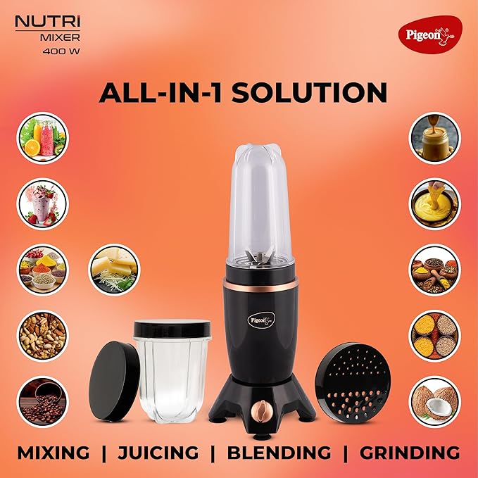 Pigeon By Stovekraft Nutri Mixer | Grinder Juicer Blender Smoothie Maker All-in-1 Machine | 400 Watt | 2 Jars - Multiuse Jar 500ml, Dry Grind 300ml | 1 Blade