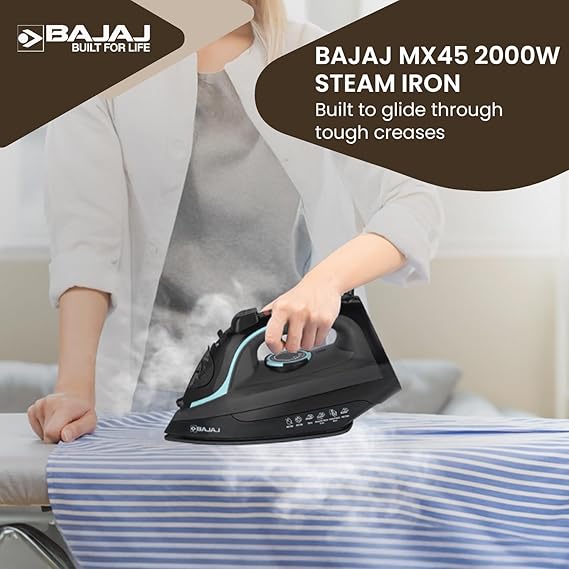 Bajaj MX 45 Steam Aluminium Soleplate Iron | 2000 Watts Power For Faster Ironing | Non Stick German Coated Technology | 220 Ml Water Tank Capacity 【Black & Grey】