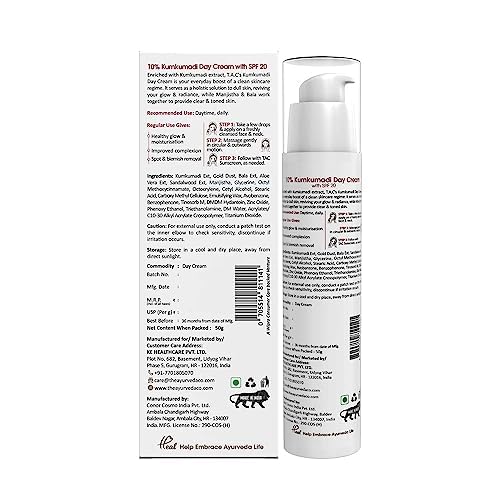 TAC - The Ayurveda Co. Kumkumadi Gold Glow Day Cream with Saffron & 24K Gold|Non-Sticky Face Moisturiser for Glowing Skin with Spf20|Reduces Pigmentation & Spots, Detans-50Ml (Pack of 2)