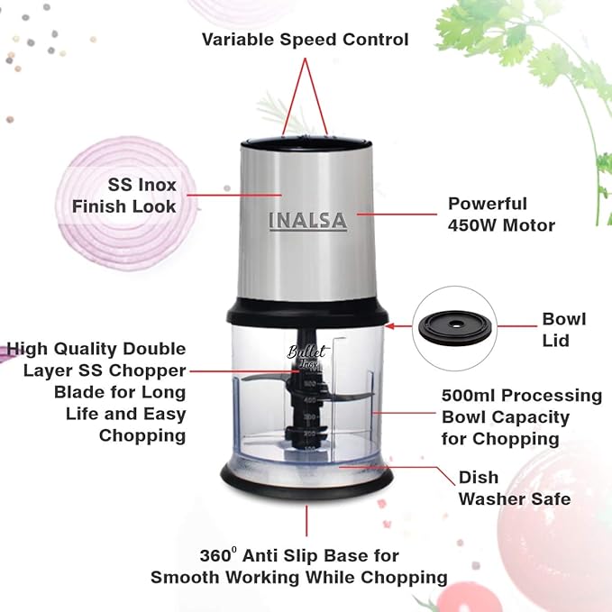 INALSA Bullet Inox Mini Electric Chopper for Kitchen.