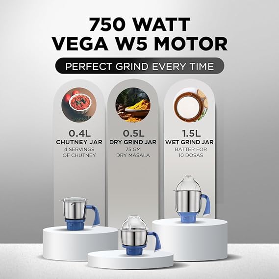 Preethi Blue Leaf Diamond MG-214 mixer grinder 750 watt (Blue/White), 3 jars