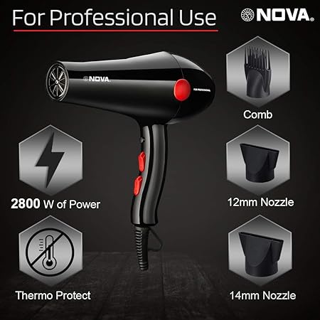 Nova NHP 8215 1800 Watts Professional Hair Dryer for Women (Black/RED)
