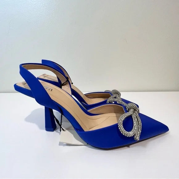 Zara - Crystal Bow Pointed Toe Satin Sling back Pump Blue Size-3UK