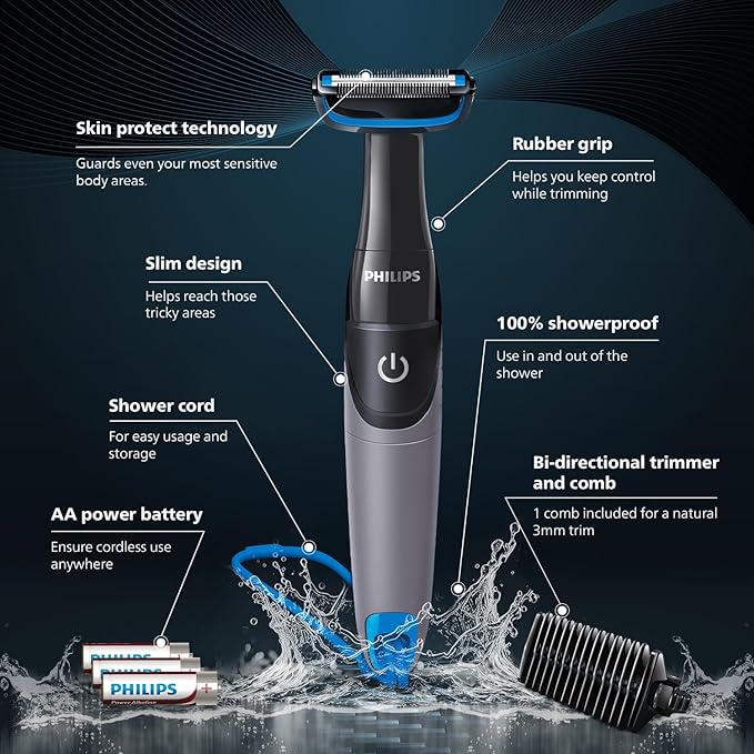 PHILIPS Bg1025/15 Showerproof Battery Powered Body Groomer Shaver For Men, Safe For All Body Areas, Including Private Parts, Black