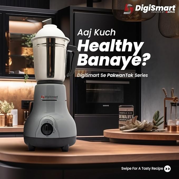 DigiSmart Kitchen Mate 750 Watt Powerful Motor Mixer Grinder for Chutney, Juice and Shake With 4 Jars, Fast Grinding Wet & Dry Ingridients, Stainless Blade - Grey and Black