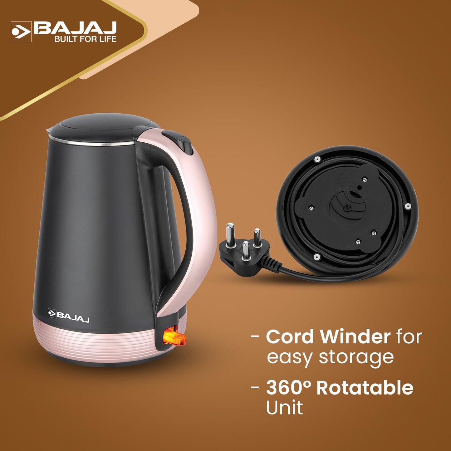Bajaj KTP 1.7 Litre Electric Kettle | Concealed Element Stainless Steel 304 Food Grade Inner Body | Auto Shut-Off Dry Boil Mechanism