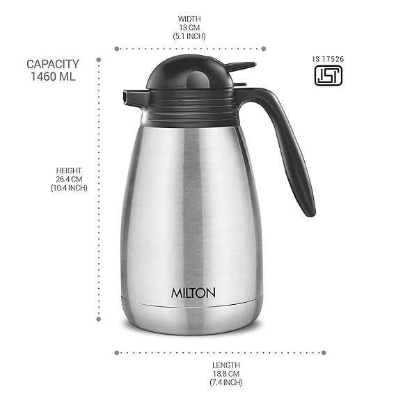 MILTON CARAFE 1500 STAINLESS STEEL DOUBLE WALLED VACUUM INSULATED FLASK WITH LID AND HANDLE 150