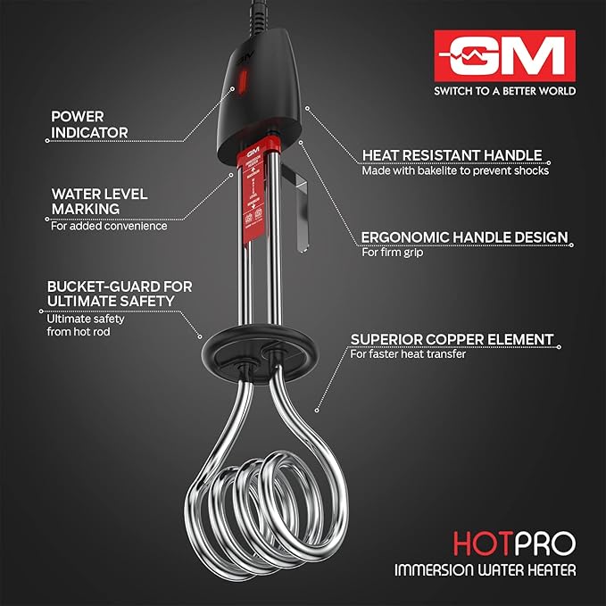 GM Immersion Rod Water Heater with Bucket Guard 1000W 6 AMP Plug Superior Copper Element Heat Resistant Handle Nickel Plated Prevents Corrosion Double ISI Certified 1.6M Cord