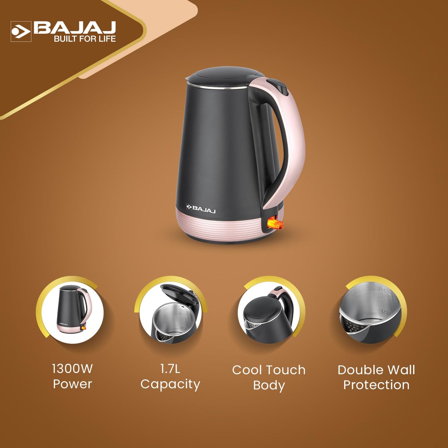 Bajaj KTP 1.7 Litre Electric Kettle | Concealed Element Stainless Steel 304 Food Grade Inner Body | Auto Shut-Off Dry Boil Mechanism