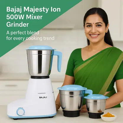Bajaj Ion 500-Watt Mixer Grinder with 3 Jars (White/Blue)