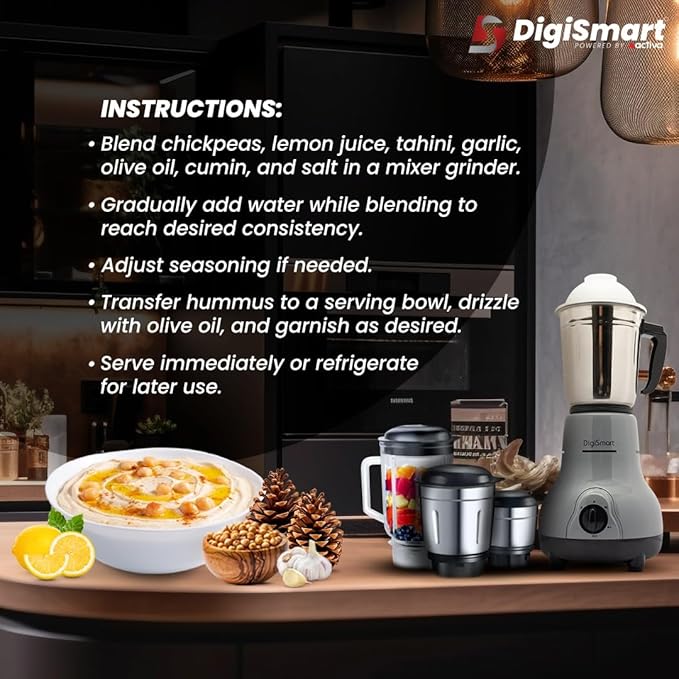 DigiSmart Kitchen Mate 750 Watt Powerful Motor Mixer Grinder for Chutney, Juice and Shake With 4 Jars, Fast Grinding Wet & Dry Ingridients, Stainless Blade - Grey and Black