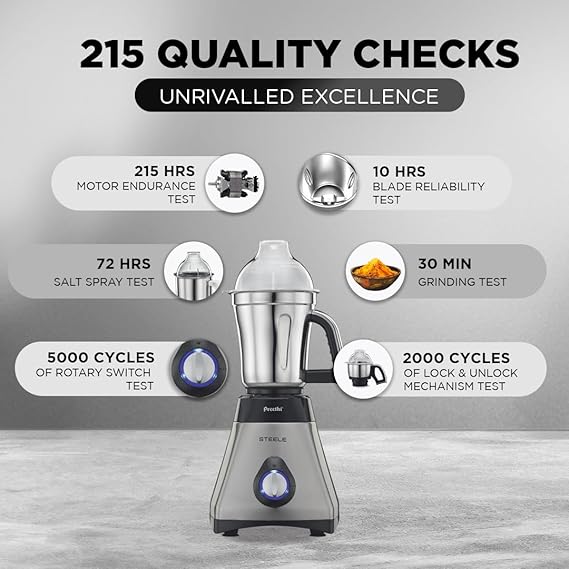 PREETHI STEELE MG 206 110 VOLTS MIXER GRINDER 550 WATT 3 JARS (SILVER/BLACK)