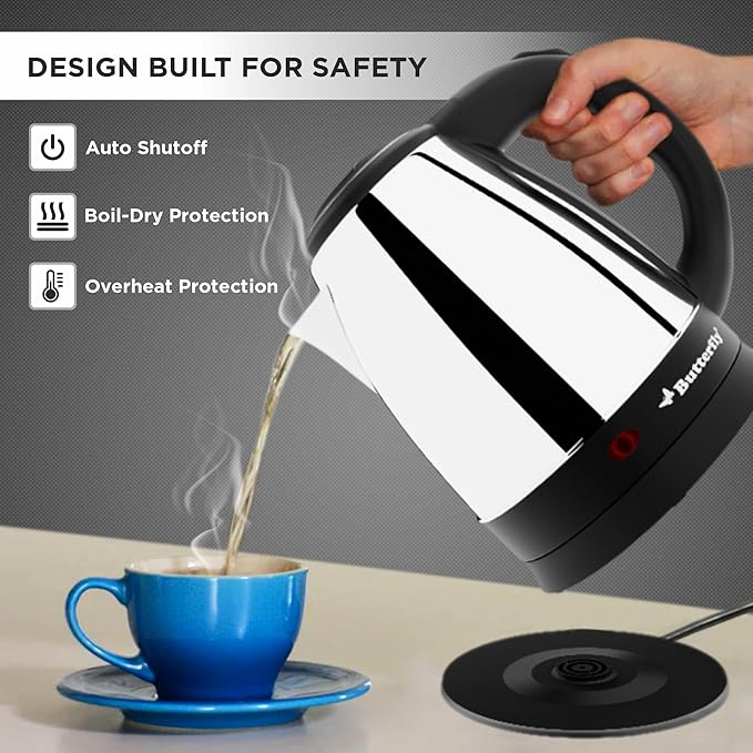 Butterfly EKN 1.5 Litre Stainless Steel Electric Kettle | 1500 W | 360� Swivel Power Base | Auto Shut Off | For Hot Water, Tea, Coffee, Noodles | Dry Boil Protection