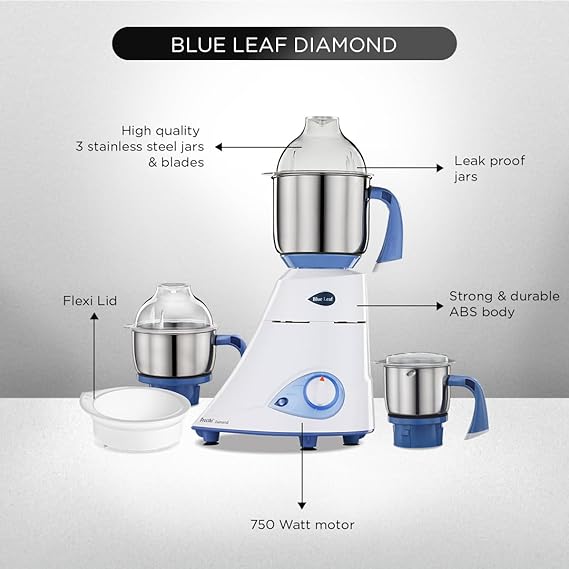 Preethi Blue Leaf Diamond MG-214 mixer grinder 750 watt (Blue/White), 3 jars