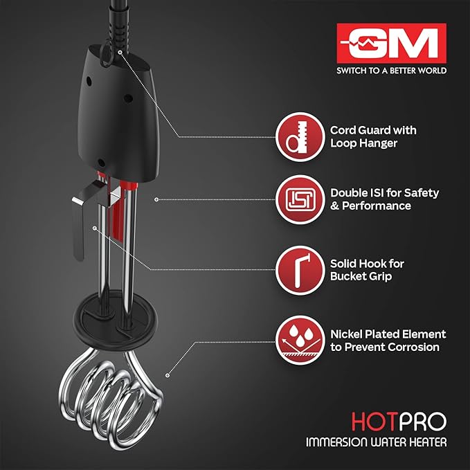 GM Immersion Rod Water Heater with Bucket Guard 1000W 6 AMP Plug Superior Copper Element Heat Resistant Handle Nickel Plated Prevents Corrosion Double ISI Certified 1.6M Cord