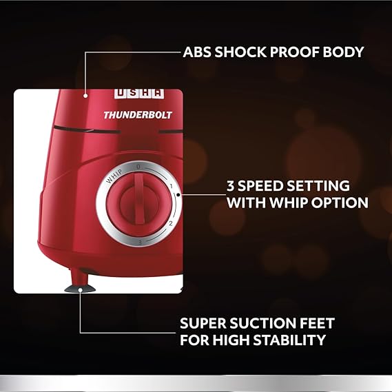 USHA Thunderbolt 800-Watt Copper Motor Mixer Grinder with 3 Jars(Red)