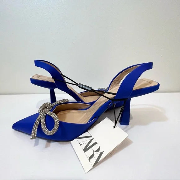 Zara - Crystal Bow Pointed Toe Satin Sling back Pump Blue Size-3UK