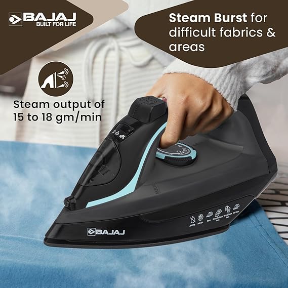 Bajaj MX 45 Steam Aluminium Soleplate Iron | 2000 Watts Power For Faster Ironing | Non Stick German Coated Technology | 220 Ml Water Tank Capacity 【Black & Grey】