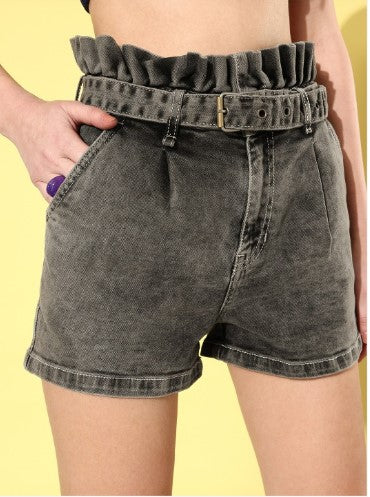 Roadster The Life Co. Women Ash Grey High-Rise Simply Mini Belted Denim Shorts