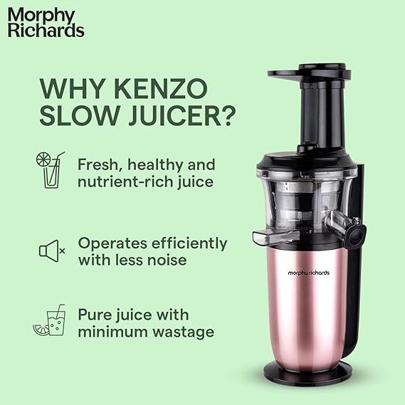 Morphy Richards Kenzo Cold Press Slow Juicer, 150 Watts Powerful Dc Motor, 60 Rpm Speed, With Stainless Steel Filter And Rev Button, Rose Gold, 150 Watts