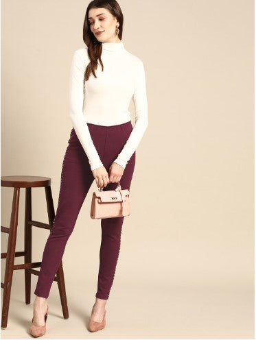 All about you Women Maroon Solid Metallic Studs Jeggings