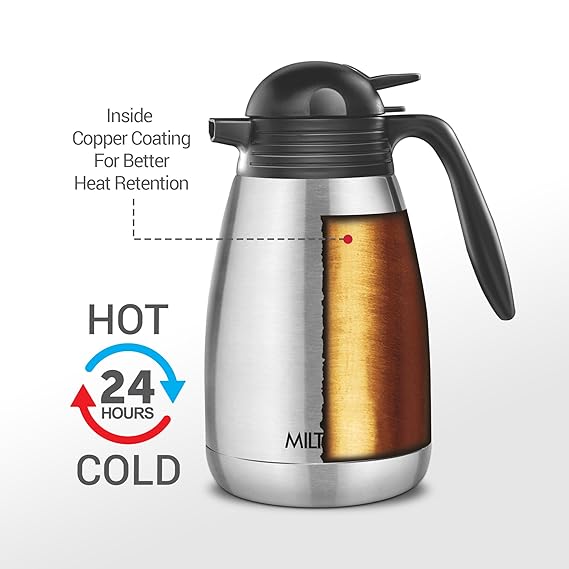 MILTON CARAFE 1500 STAINLESS STEEL DOUBLE WALLED VACUUM INSULATED FLASK WITH LID AND HANDLE 1500 ML SILVER COFFEETEA CARAFE HEAT & COLD RETENTION