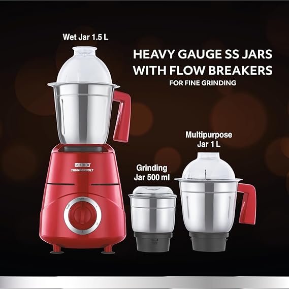 USHA Thunderbolt 800-Watt Copper Motor Mixer Grinder with 3 Jars(Red)