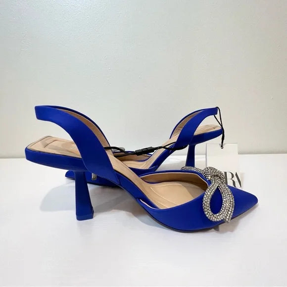 Zara - Crystal Bow Pointed Toe Satin Sling back Pump Blue Size-3UK