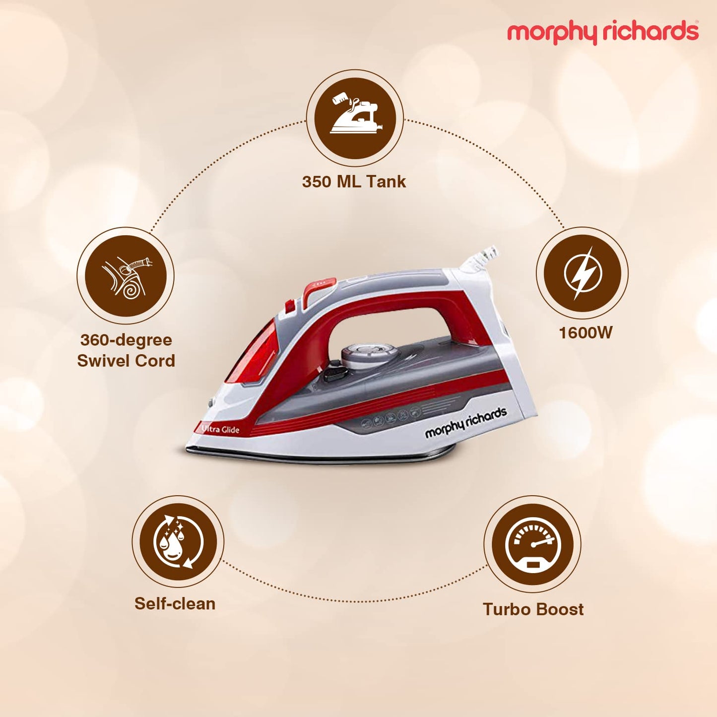 MORPHY RICHARDS ULTRA GLIDE 1600W RED GREY STEAM IRON