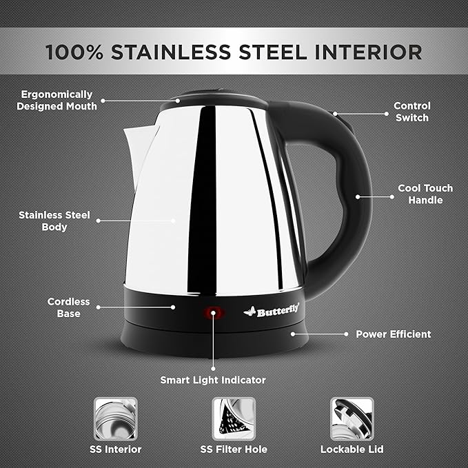 Butterfly EKN 1.5 Litre Stainless Steel Electric Kettle | 1500 W | 360� Swivel Power Base | Auto Shut Off | For Hot Water, Tea, Coffee, Noodles | Dry Boil Protection