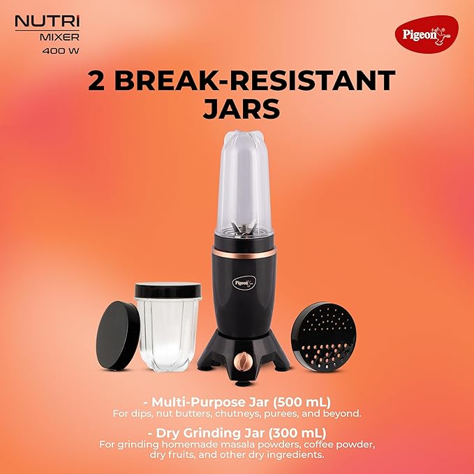 Pigeon By Stovekraft Nutri Mixer | Grinder Juicer Blender Smoothie Maker All-in-1 Machine | 400 Watt | 2 Jars - Multiuse Jar 500ml, Dry Grind 300ml | 1 Blade