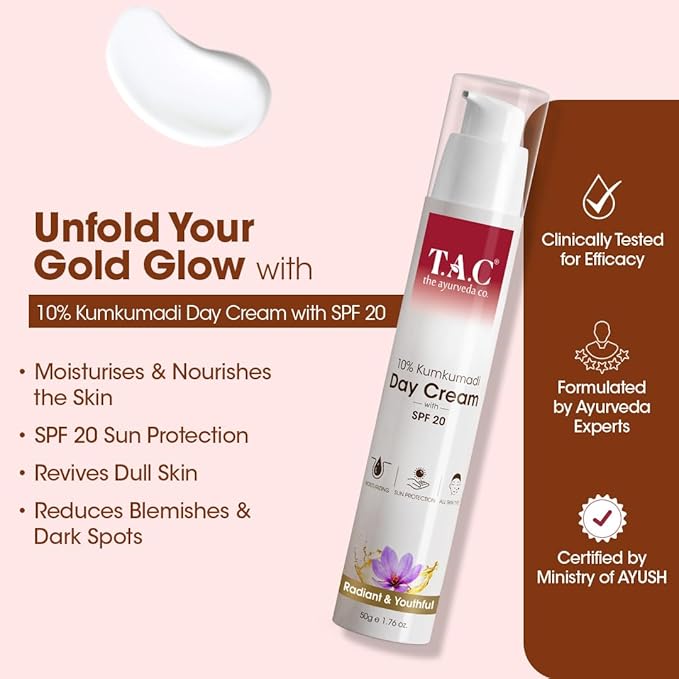 TAC - The Ayurveda Co. Kumkumadi Gold Glow Day Cream with Saffron & 24K Gold|Non-Sticky Face Moisturiser for Glowing Skin with Spf20|Reduces Pigmentation & Spots, Detans-50Ml (Pack of 2)