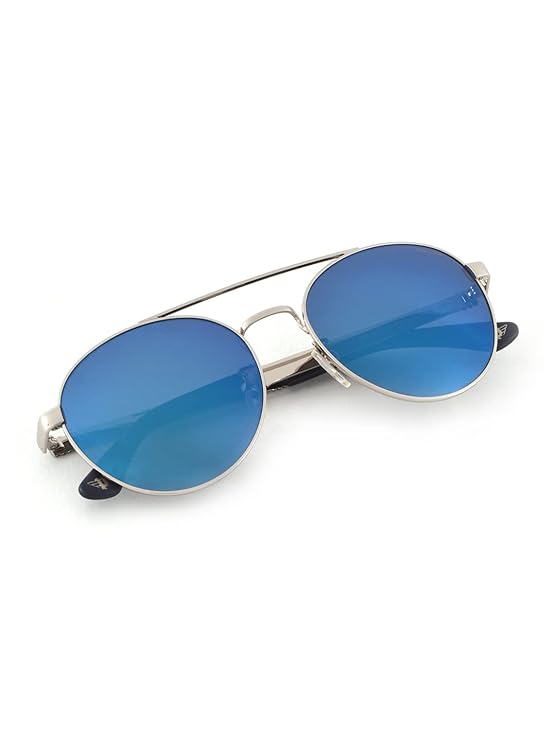 Police sunglasses| 100% UV protected | Gradient | Full Rim | Round | Men | Large | Shiny Silver Alloy Metal Frame | Blue Mirror (SPL891)