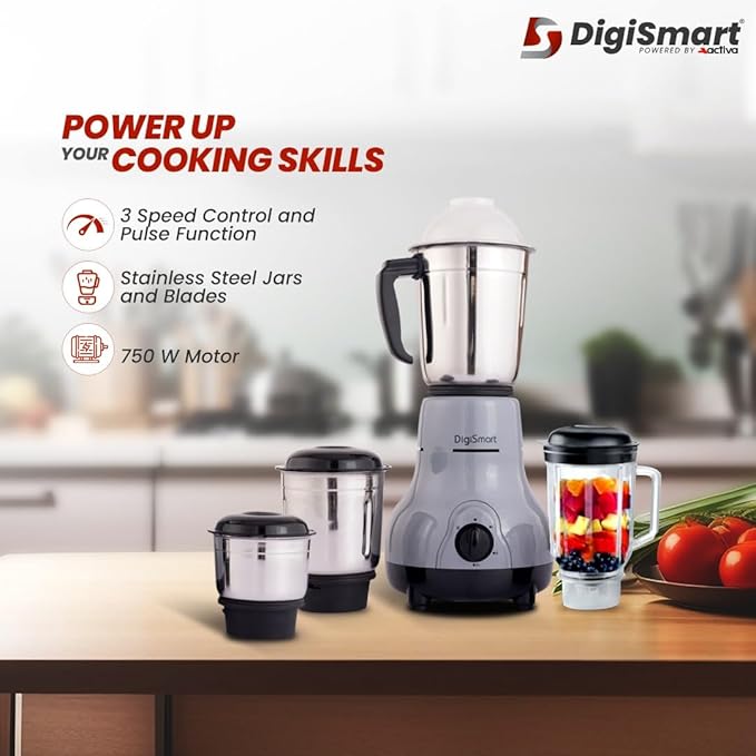 DigiSmart Kitchen Mate 750 Watt Powerful Motor Mixer Grinder for Chutney, Juice and Shake With 4 Jars, Fast Grinding Wet & Dry Ingridients, Stainless Blade - Grey and Black