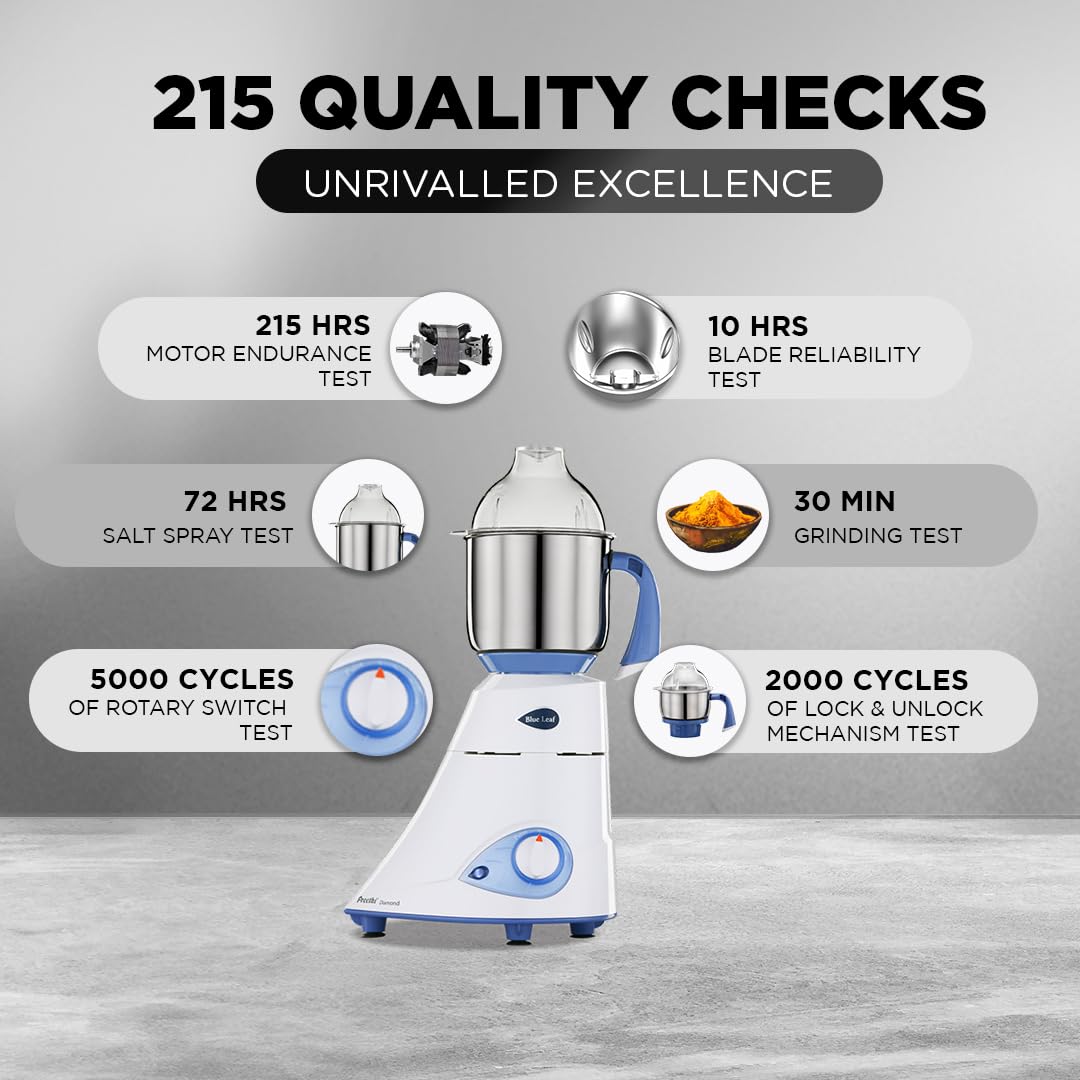 PREETHI BLUE LEAF DIAMOND MG-214 MIXER GRINDER 750 WATT (BLUE/WHITE) 3 JARS FLEXI LID FBT MOTOR W