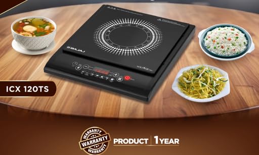 Bajaj 120TS 1200 Watts Tempered Glass Induction Cooktop With Tact Switch | Stove Comes With 7 Pre-Set Menus | Digital Led Display