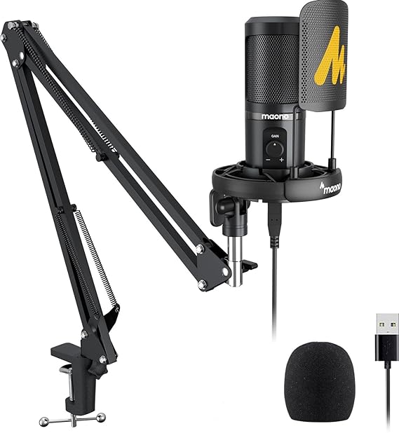 Maono AU-PM461S USB Condenser Mic for PC and Singing, ALL-IN-ONE Microphone Kit with Mic Gain, Boom Arm, Pop Filter for YouTube Recording, Gaming, Podcasting