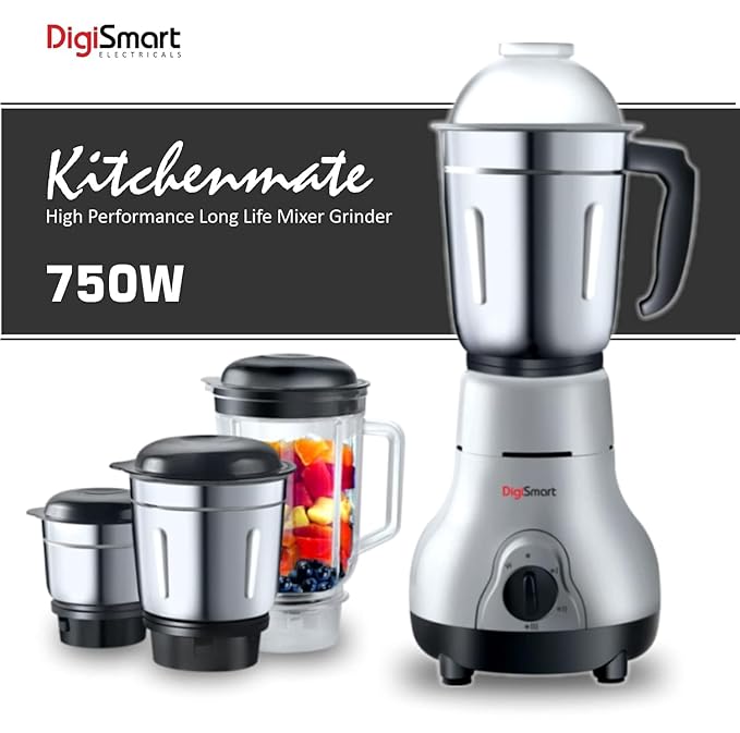 DigiSmart Kitchen Mate 750 Watt Powerful Motor Mixer Grinder for Chutney, Juice and Shake With 4 Jars, Fast Grinding Wet & Dry Ingridients, Stainless Blade - Grey and Black
