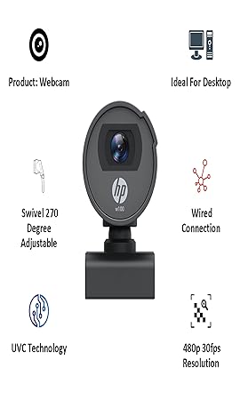 HP w100 480P 30 FPS Digital Webcam with Built-in Mic, Plug and Play Setup, Wide-Angle View for Video Calling on Skype, Zoom, Microsoft Teams and Other Apps (Black)