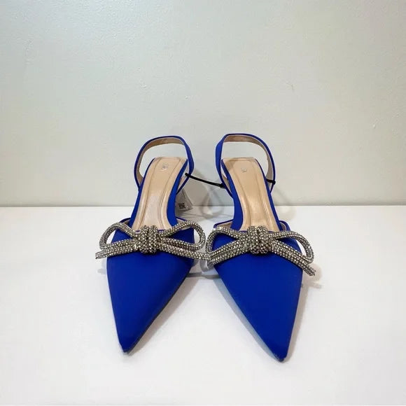 Zara - Crystal Bow Pointed Toe Satin Sling back Pump Blue Size-3UK