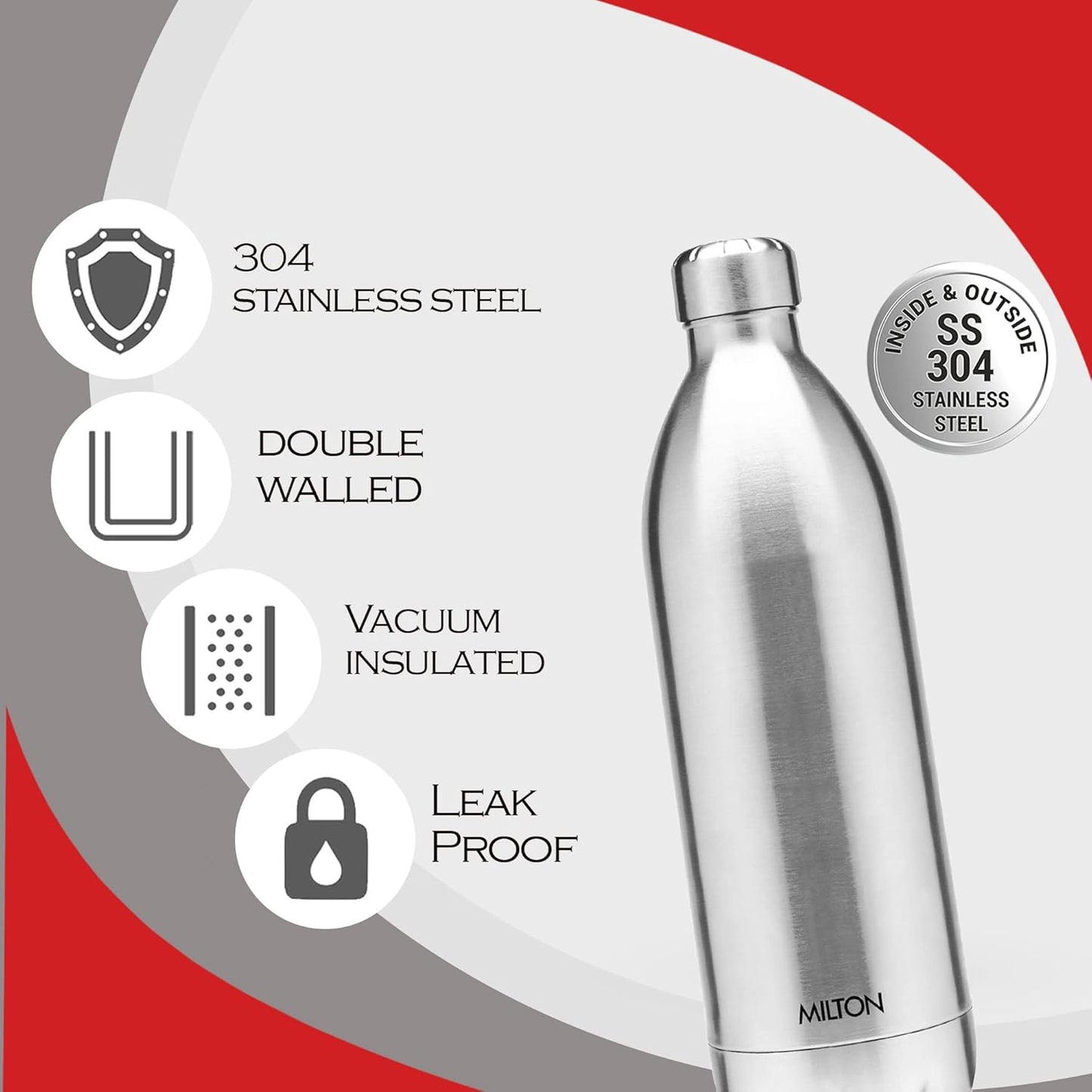 MILTON DUO DLX 1800 THERMOSTEELWATER BOTTLE 1.8 LITRE 24 HR HOT AND COLD I LEAK PROOF LID ISI