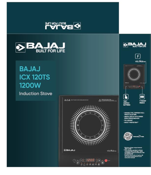 Bajaj 120TS 1200 Watts Tempered Glass Induction Cooktop With Tact Switch | Stove Comes With 7 Pre-Set Menus | Digital Led Display